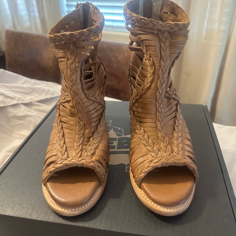Freebird Braided Brown Peep-Toe Ankle Boots - Picture 3 of 4